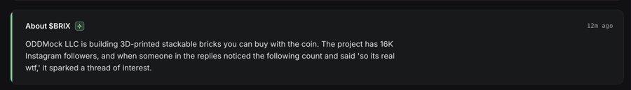 A screenshot of a post about $BRIX by ODDMock LLC, a project making 3D-printed stackable bricks. The post highlights the coin being featured on Pumpfun, noting the project's 16K Instagram followers, and includes the contract address "2e7cB8kXpD35notrwh3enaVbsfnFarif4LRq2itmpump" for the $BRIX token.