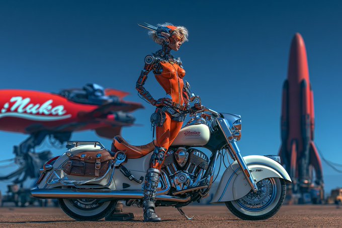 A retro-futuristic illustration shows a woman with horns in an orange bodysuit standing beside a vintage motorcycle, with a 'Nuka' branded blimp and rocket in the background, styled after Fallout's Nuka-World aesthetic.