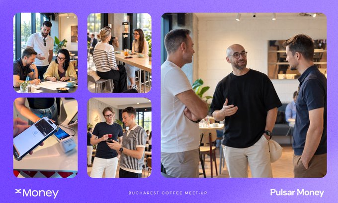 The image is a collage of photos from the "BUCHAREST COFFEE MEET-UP" showing networking and conversations among fintech professionals, with attendees discussing around tables, reviewing data on phones, and engaging in animated discussions—visually capturing the collaborative atmosphere described in the caption about bringing together the card payments and fintech community in Romania. The collage features branding for "Money" and "Pulsar Money" at the bottom.