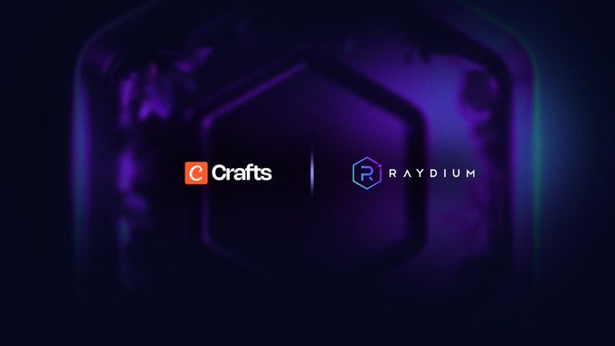 The image features a logo for a company called "Crafts" that specializes in crafting equity-linked tokens. The logo includes a hexagon with a blue center, surrounded by purple elements. Below the logo, there's text that reads "Raydium is introducing equity-linked tokens where holders gain exposure to real company outcomes onchain." This suggests that Crafts is collaborating with Raydium to create a new type of token that allows users to benefit from the company's success in real time. The image also includes an orange and blue logo for "Radium" which further emphasizes their partnership.