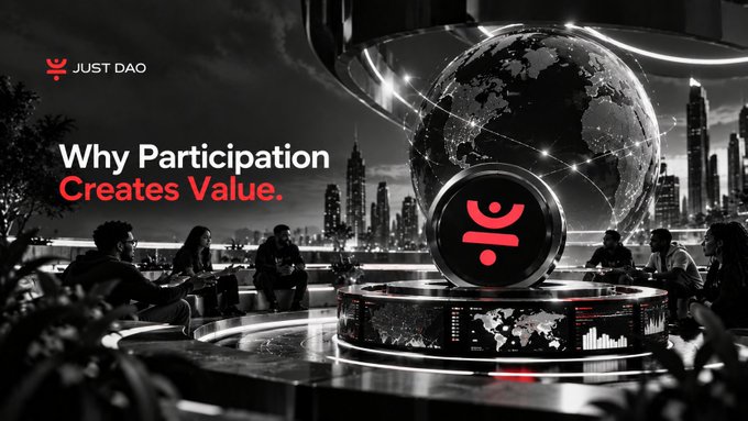 A promotional banner for 'JUST DAO' with the headline 'Why Participation Creates Value' featuring a futuristic cityscape with a globe and their logo at center, surrounded by silhouetted figures.