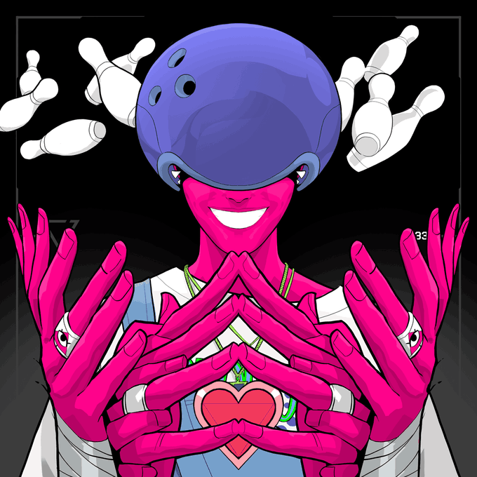 A digital illustration of a pink-skinned character wearing a blue helmet and multiple hands, holding a heart shape.