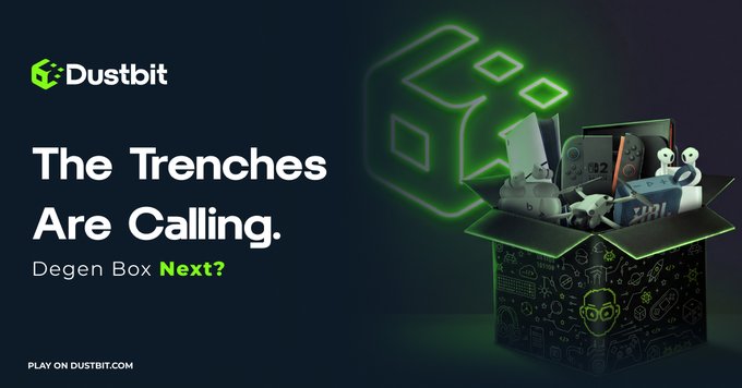 A Dustbit promotional banner reading "The Trenches Are Calling. Degen Box Next?" shows an open mystery box filled with gaming gear and collectibles, set against a dark green background with the Dustbit logo. The ad teases a potential new "Degen Box" release, building on their existing Nerd Stuff Box and inviting community interest in the trench-themed offering.