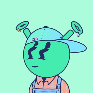 A stylized cartoon illustration of a character with a green face, large eyes, a blue baseball cap worn backward, and orange overalls against a light green background.