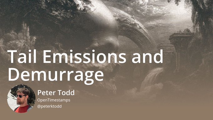 A presentation slide titled 'Tail Emissions and Demurrage' by Peter Todd of OpenTimestamps (@petertodd), featuring a classical engraving of a large stone face in a landscape.