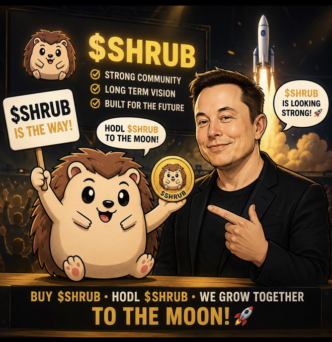 A cartoon hedgehog mascot holding a "$SHRUB IS THE WAY!" sign sits beside a smiling man in a black jacket pointing at a $SHRUB coin, with a rocket launching behind them and "$HRUB" displayed prominently with bullet points reading "STRONG COMMUNITY," "LONG TERM VISION," and "BUILT FOR THE FUTURE." Speech bubbles declare "HODL $SHRUB TO THE MOON!" and "$SHRUB IS LOOKING STRONG!," tying into the "$SHRUB & CHILL" theme with a celebratory "TO THE MOON!" banner below.