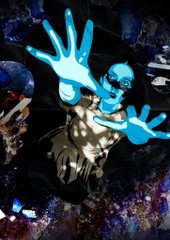 A blue alien-like animated figure with outstretched hands against a dark, cluttered background, appearing as an AI-generated or stylized digital image.