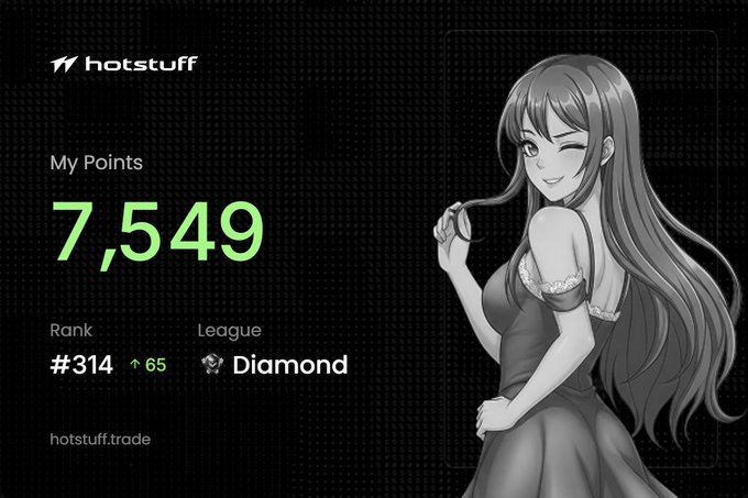 The image displays a HotStuff profile showing 7,549 points, rank #314, and Diamond league status, accompanied by a monochrome anime-style illustration of a woman.