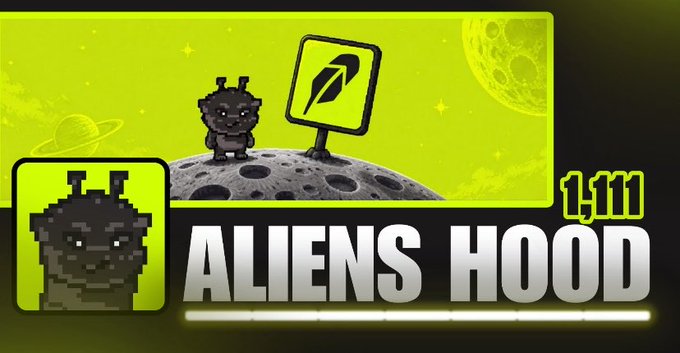 Promotional banner for 'ALIENS HOOD' episode 1,111 featuring a pixelated dark alien character standing on a moon next to a road sign with an arrow, set against a green space-themed background with planets.