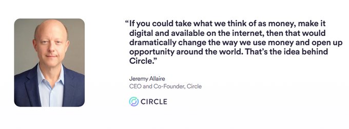 A professional headshot of Jeremy Allaire, CEO and Co-Founder of Circle, alongside a quote about digital money and internet-based currency, with the Circle logo.