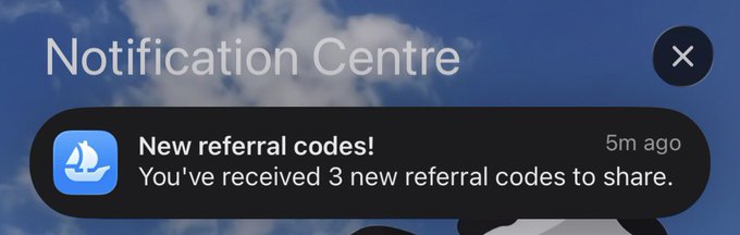A Notification Centre screen from OpenSea shows a 5-minute-old alert reading "New referral codes! You've received 3 new referral codes to share," confirming the poster's claim of receiving 3 codes for OpenSea mobile.