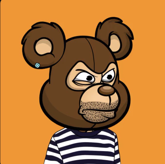 A digital cartoon illustration of a brown bear character with an angry expression, wearing a black and white striped shirt and a small diamond earring, set against a solid orange background.
