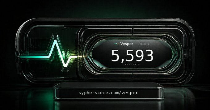 A futuristic display showing 'Vesper Season 1' with '5,593 V-POINTS' next to a green heartbeat line, with the URL 'sypherscore.com/vesper' at the bottom.