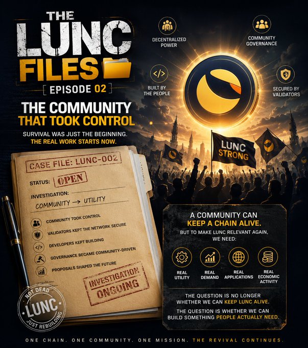A promotional poster for 'THE LUNC FILES EPISODE 02: THE COMMUNITY THAT TOOK CONTROL,' featuring a golden LUNC coin, a case file folder, and text about decentralized power and community governance.