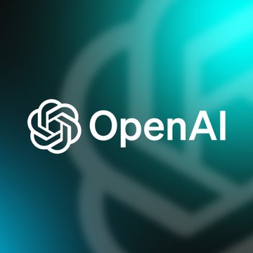 The OpenAI logo displayed in white on a blurred teal background.