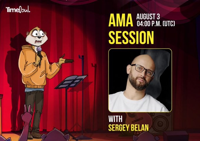 A promotional graphic for a TimeSoul AMA Session featuring an illustrated otter in a hoodie on stage with a microphone, alongside a photo of Sergey Belan, announcing the event on August 3rd at 4:00 P.M. UTC. The theatrical red curtain backdrop and audio equipment reinforce the live Q&A format teased in the post.