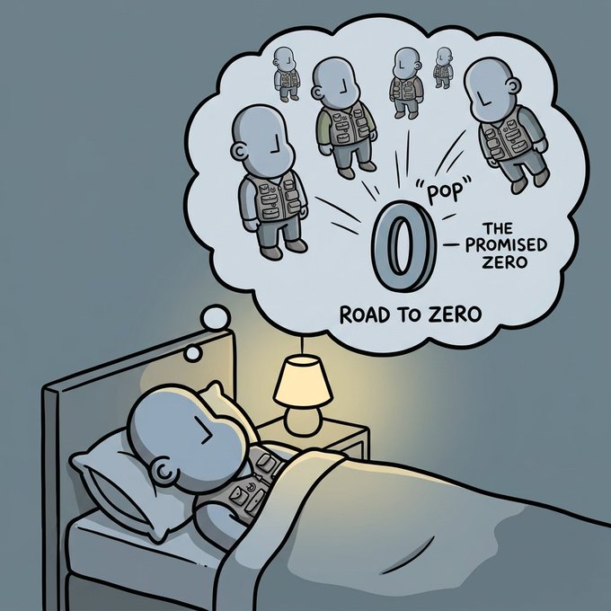 A cartoon showing a person sleeping in bed with a dream bubble depicting gray figures popping out of a ring labeled 'THE PROMISED ZERO' with the caption 'ROAD TO ZERO.'