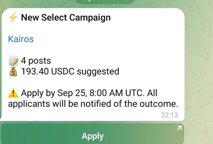 A notification titled 'New Select Campaign' for Kairos shows 4 posts with a 193.40 USDC suggested reward, with an apply deadline of Sep 25, 8:00 AM UTC.