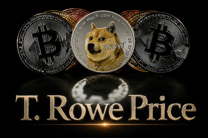 A promotional image featuring physical cryptocurrency coins including Bitcoin and Dogecoin (with 'wow' text), displayed above the T. Rowe Price logo on a black background.