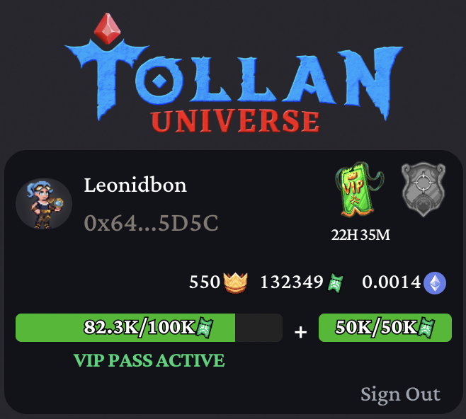 A gaming dashboard for 'TOLLAN UNIVERSE' showing the username 'Leonidbon' (0x64...5D5C) with a VIP pass active, displaying stats like 550 crowns, 132349, and 22H 35M timer.