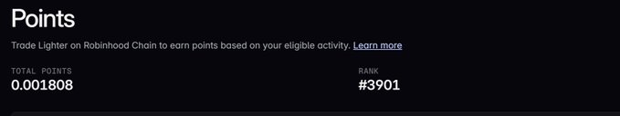 A digital interface displays the text 'Points', 'Trade Lighter on Robinhood Chain to earn points based on your eligible activity', with 'TOTAL POINTS' showing '0.001808' and 'RANK' showing '#3901'.