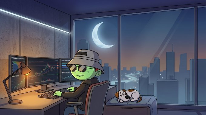 A green-skinned cartoon character wearing sunglasses and a bucket hat sits at a desk with multiple monitors displaying trading charts, working late into the night under a crescent moon with a sleeping dog nearby, symbolizing the dedication and "grind" required in the final day of the $RIVER season as referenced in the post.
