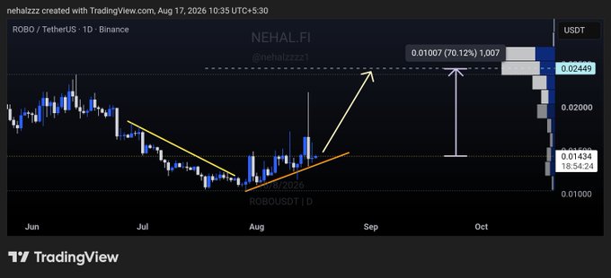 A daily ROBO/USDT chart from Binance illustrates a falling wedge pattern with a double bottom near 0.0100, showing a break above the descending trendline and a retest of old resistance around 0.0143 as new support, with a projected measured move target of approximately 0.0245—highlighted by annotations indicating a 70.12% potential gain to 0.02449.