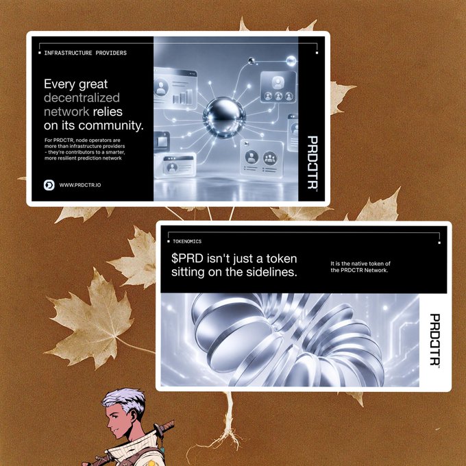 Two promotional panels for PRDCTR highlight decentralized network infrastructure and the $PRDCTR token as part of its Aventus AppChain ecosystem. The design features futuristic network and turbine imagery, autumn leaves, and an illustrated character, supporting the post’s message that PRDCTR combines strong infrastructure with active community participation.
