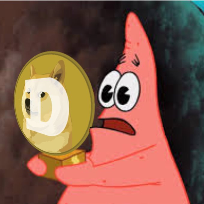 A cartoon image of Patrick Star from SpongeBob SquarePants holding a gold coin that displays a Shiba Inu dog with a white 'D' overlaid on it.