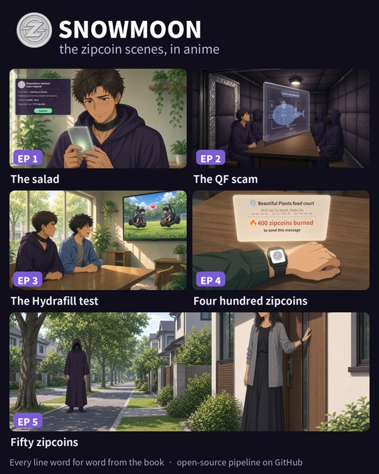 A promotional graphic for 'SNOWMOON - the zipcoin scenes, in anime' featuring five episode thumbnails including 'The salad', 'The QF scam', 'The Hydrafill test', 'Four hundred zipcoins', and 'Fifty zipcoins'.