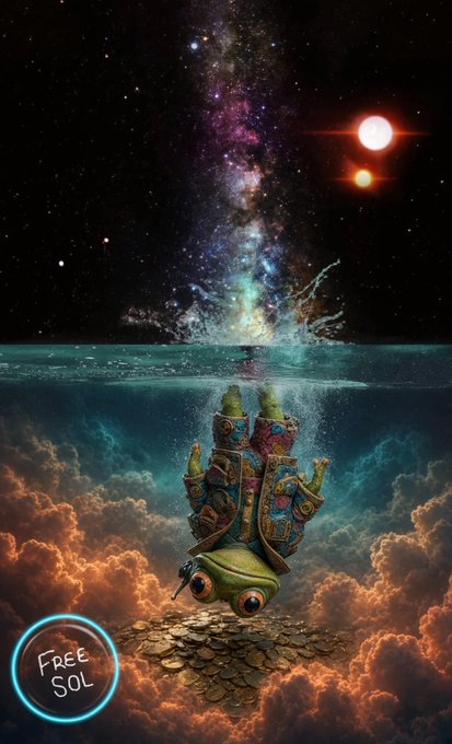 A surreal fantasy artwork featuring a green frog-like creature wearing an ornate, colorful medieval-style robe floating underwater beneath a starry galaxy sky with two bright suns, marked 'FREE SOL' in the corner.