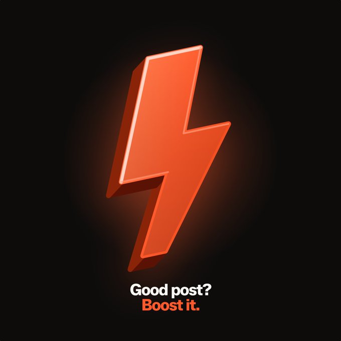 An orange 3D lightning bolt graphic on a black background with the text "Good post? Boost it."