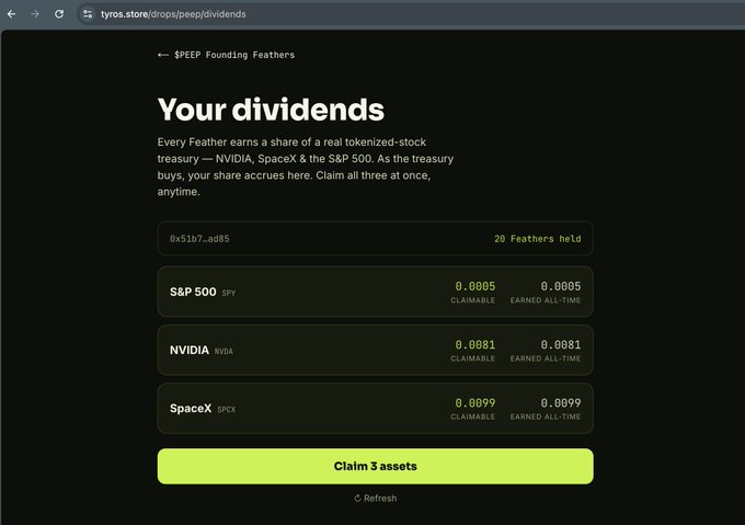 The image shows the Tyros "Your dividends" page for Peep Founding Feathers, displaying 20 Feathers held with claimable amounts of 0.0005 S&P 500 (SPY), 0.0081 NVIDIA (NVDA), and 0.0099 SpaceX (SPCX), alongside a yellow "Claim 3 assets" button. This illustrates the post's explanation of the NFT's innovative dividend mechanic, where 20% of mint revenue funds tokenized stocks that NFT holders can claim as their share.