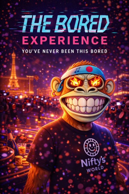 A colorful digital poster titled 'THE BORED EXPERIENCE' with the tagline 'YOU'VE NEVER BEEN THIS BORED', featuring a cartoon monkey character with flaming eyes wearing a 'Nifty's WORLD' t-shirt against a neon city backdrop.