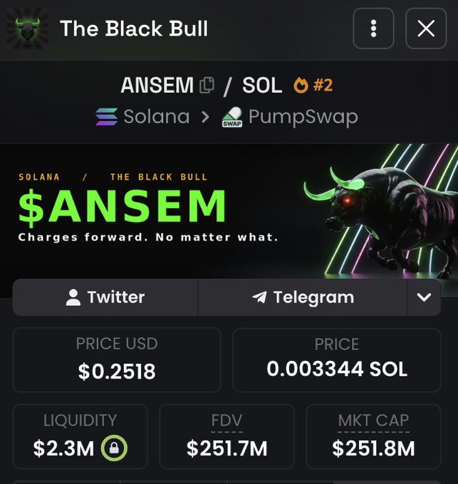 Screenshot of a crypto token page titled 'The Black Bull' showing the $ANSEM token on Solana via PumpSwap, with a price of $0.2518, 0.003344 SOL, $2.3M liquidity, and FDV/market cap of ~$251.7M.