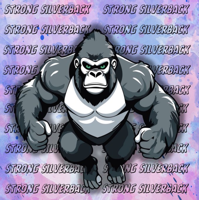 A cartoon illustration of a muscular gorilla wearing a white tank top, set against a purple splatter background with the words "STRONG SILVERBACK" repeated across it.