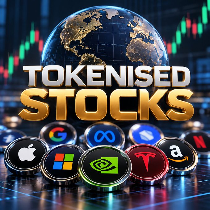 A promotional graphic displays the text 'TOKENISED STOCKS' in gold lettering above circular icons featuring logos of major companies including Apple, Google, Microsoft, Tesla, and Amazon, with a globe and stock charts in the background.