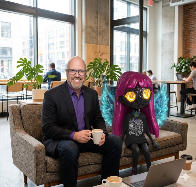 A photo showing a smiling bald man with glasses sitting on a couch in a modern office setting next to an AI-generated character with long purple hair, glowing yellow eyes, and blue flame-like wings.