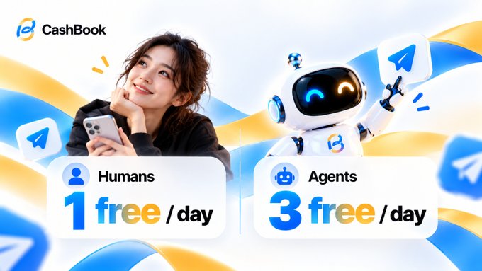 An advertisement for 'CashBook' showing a smiling woman with a phone and a robot mascot, with text offering 'Humans 1 free/day' and 'Agents 3 free/day'.