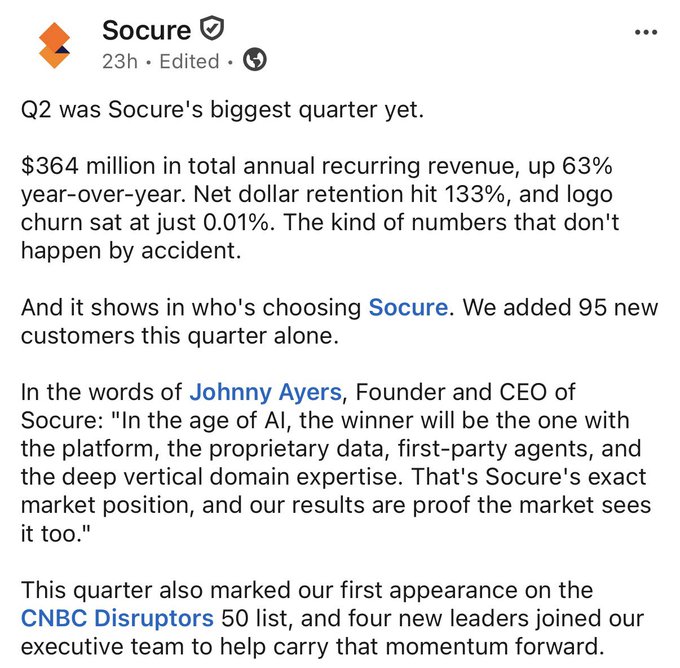 A LinkedIn post from 'Socure' celebrating Q2 achievements, highlighting $364 million in ARR, 63% YoY growth, and featuring a quote from CEO Johnny Ayers.