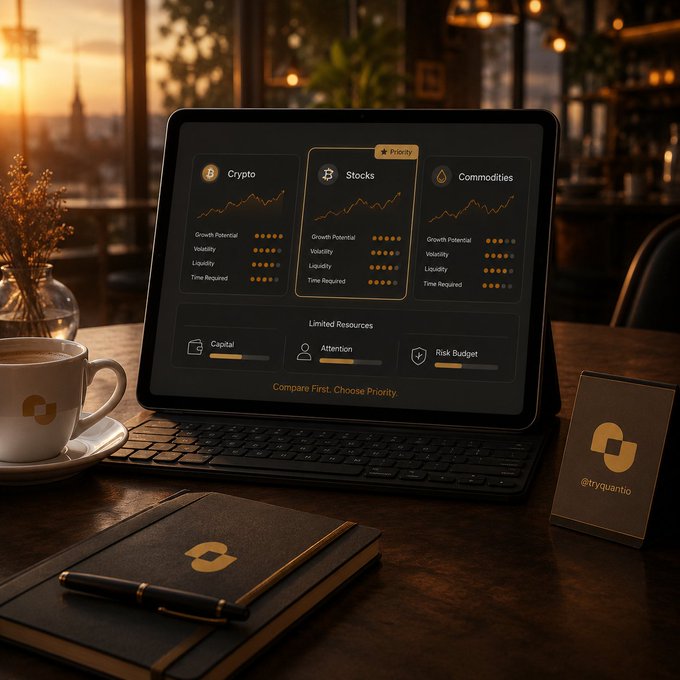 A stylized image of a tablet displaying a trading dashboard comparing Crypto, Stocks, and Commodities under 'Compare First. Choose Priority.', accompanied by a notebook and a business card on a wooden table.