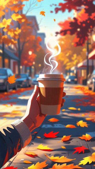 An illustrated autumn scene of a hand holding a steaming coffee cup on a street lined with trees shedding orange and red leaves.