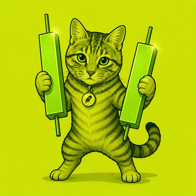 A cartoon green tabby cat stands upright holding two glowing green rectangular bars, wearing a pendant with a lightning bolt symbol. The image's green color scheme and "cat" theme ties into the post's playful "you found the hidden one" narrative, visually representing the $GINKGO token as the overlooked discovery among well-known meme coin cats.