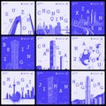 A grid of 12 small purple-toned pixel art scenes depicting various landscapes, buildings, and figures in a low-detail retro style.