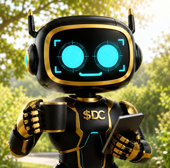 A glossy black and gold robot with glowing cyan digital eyes relaxes outdoors, holding a steaming mug in one hand and a tablet in the other, while "DC" (with a dollar sign styled as the "D") is prominently displayed on its chest. The image complements the post's upbeat "GM DC fam, new week, new opportunities" message by personifying a calm, caffeinated crypto trader ready for fresh gains.