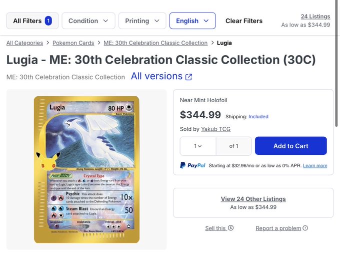 An online listing for a 'Lugia - ME: 30th Celebration Classic Collection (30C)' Pokémon card priced at $344.99.