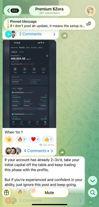 A Telegram channel screenshot for 'Premium $Zora' (281 subscribers) showing a Binance portfolio with a USD M value of 469,894.98 USDT, alongside a pinned message that reads, 'If I don't post an update, it means the setup is...' and advice for traders about taking initial capital off the table.