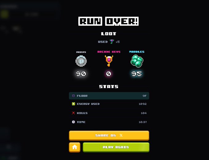 Game over screen for 'RUN OVER!' displaying loot collected (30 points, 0 arcade keys, 35 marbles), stats (Floor 9F, Energy Used 1090, 104 Kills, 10:07 Time), and Share on X/Play Again buttons.