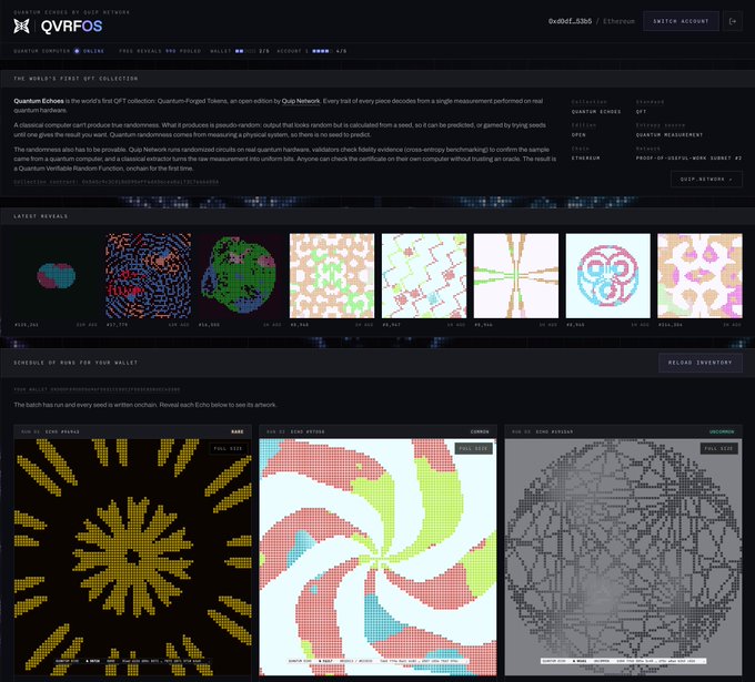 The image shows the QVRFOS Quantum Echoes QFT collection dashboard on Quark Network, displaying an Ethereum wallet (0xd0d...53b5) with 3/6 quantum computers online and 2/2 reveals, including a "LATEST REVEALS" gallery of eight colorful cryptographic NFT artworks and a "SCHEDULE OF RUNS FOR YOUR WALLET" section featuring three detailed quantum patterns (Bane, Zing, King Kehua). This visually supports the post's message about the significance of the reveal moment—transforming unpredictable quantum outputs into unique on-chain assets, each with distinct patterns and rarity, as the collection has already surpassed 3,000+ reveals in just 3 days.