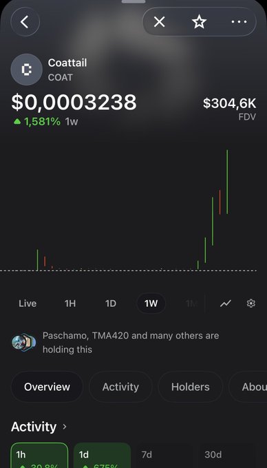 A cryptocurrency price tracking app showing the token 'Coattail' (COAT) at $0.0003238 with a 1,581% gain over 1 week and a $304.6K FDV, displayed with a candlestick chart.